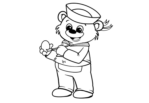 Der HOFER Bär bemalt ein Osterei