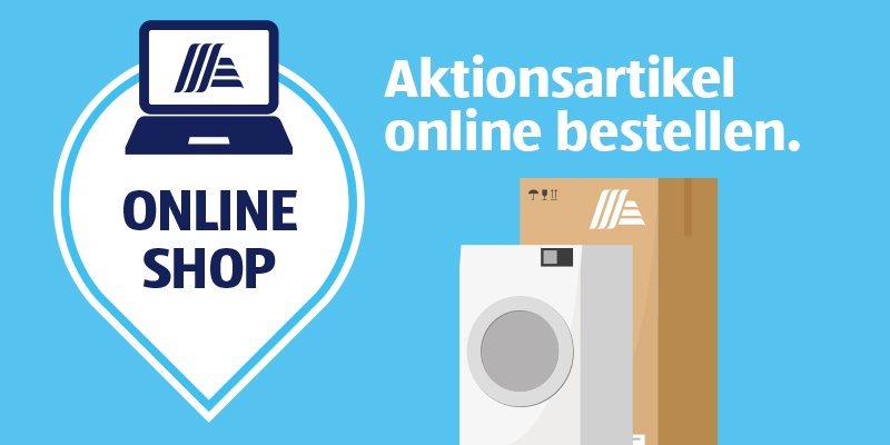 Blaues Hintergrundbild mit Laptop-Icon und Text „Aktionsartikel online bestellen.“