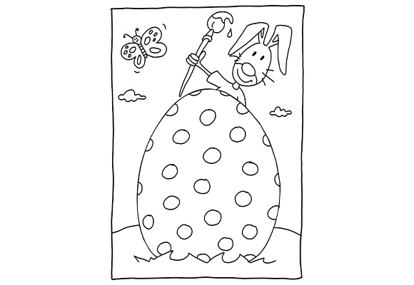 Malvorlage Osterhase schaut hinter einem großen Osterei hervor.