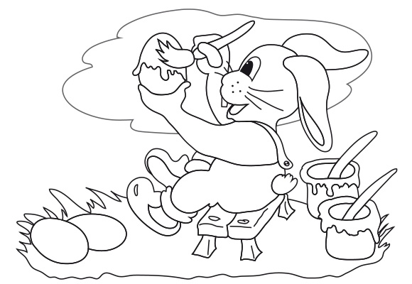 Malvorlage Osterhase, sitzt auf einem Holzhocker und mal mit einem Pinsel ein Ei an.