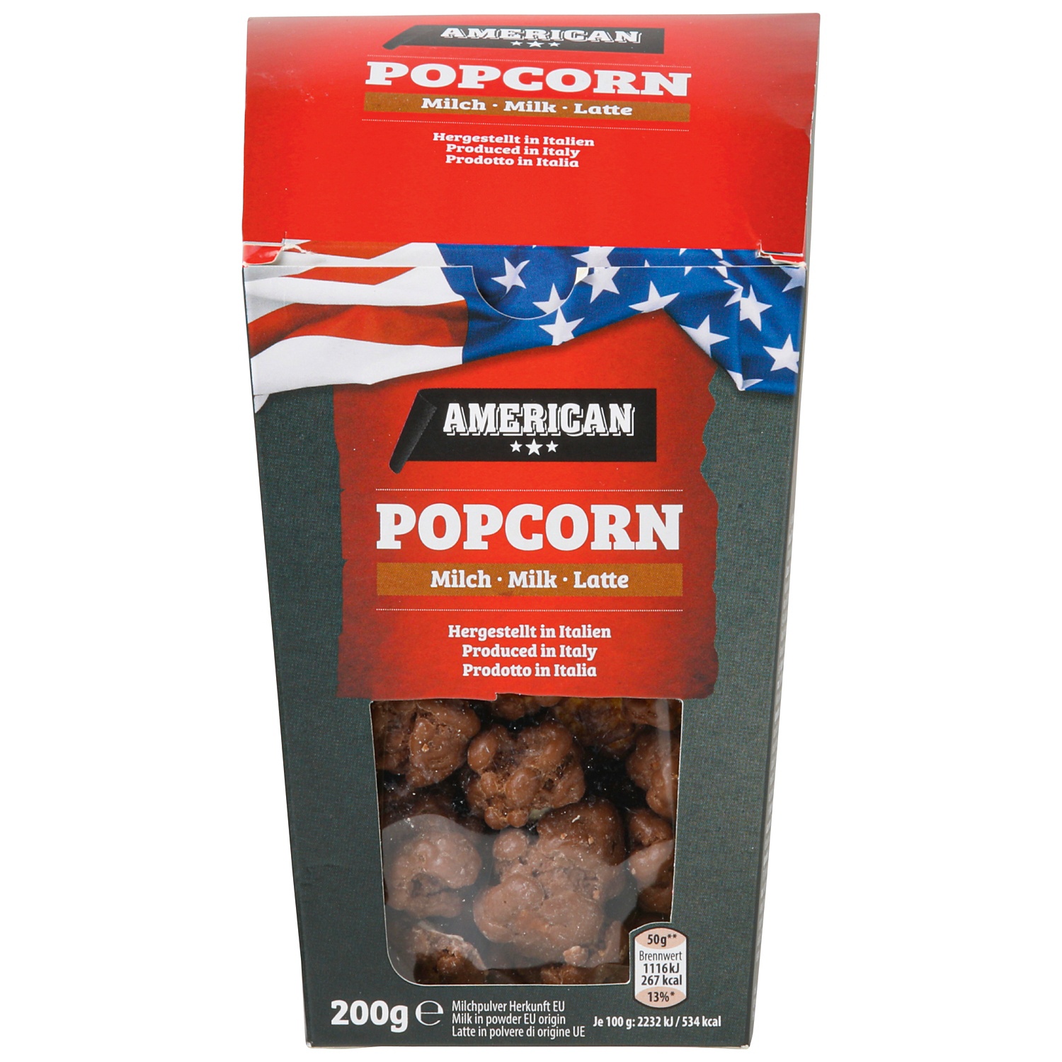 AMERICAN Popcorn mit feiner Schokolade überzogen, Milchschoko