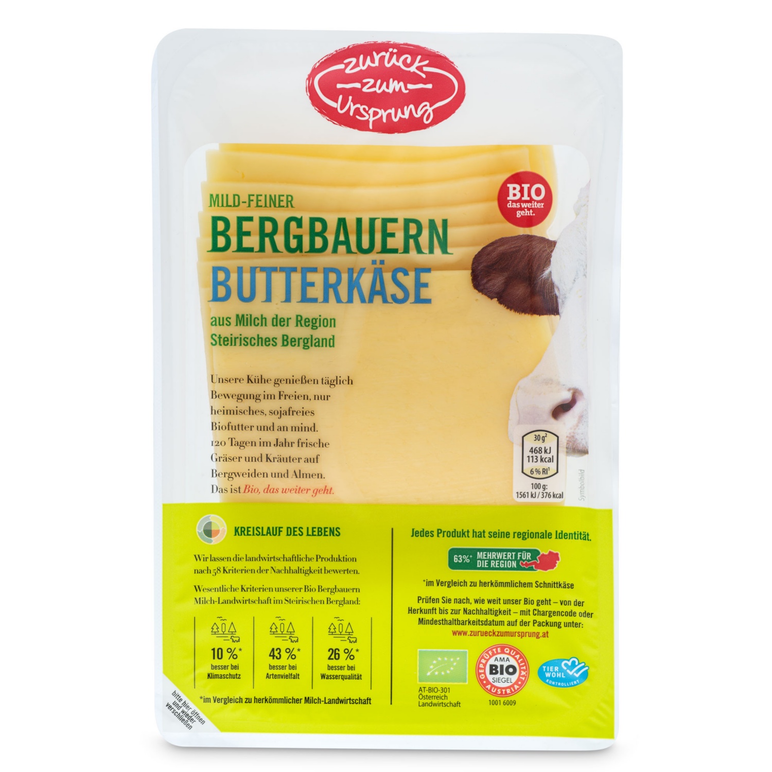 ZURÜCK ZUM URSPRUNG Österreichischer BIO-Bergbauern Käse in Scheiben, Butterkäse