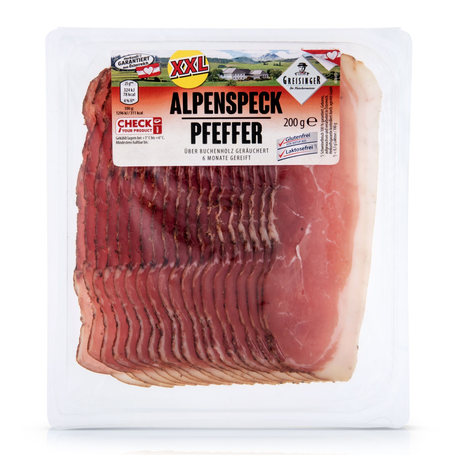 Alpenspeck geschnitten, Pfeffer