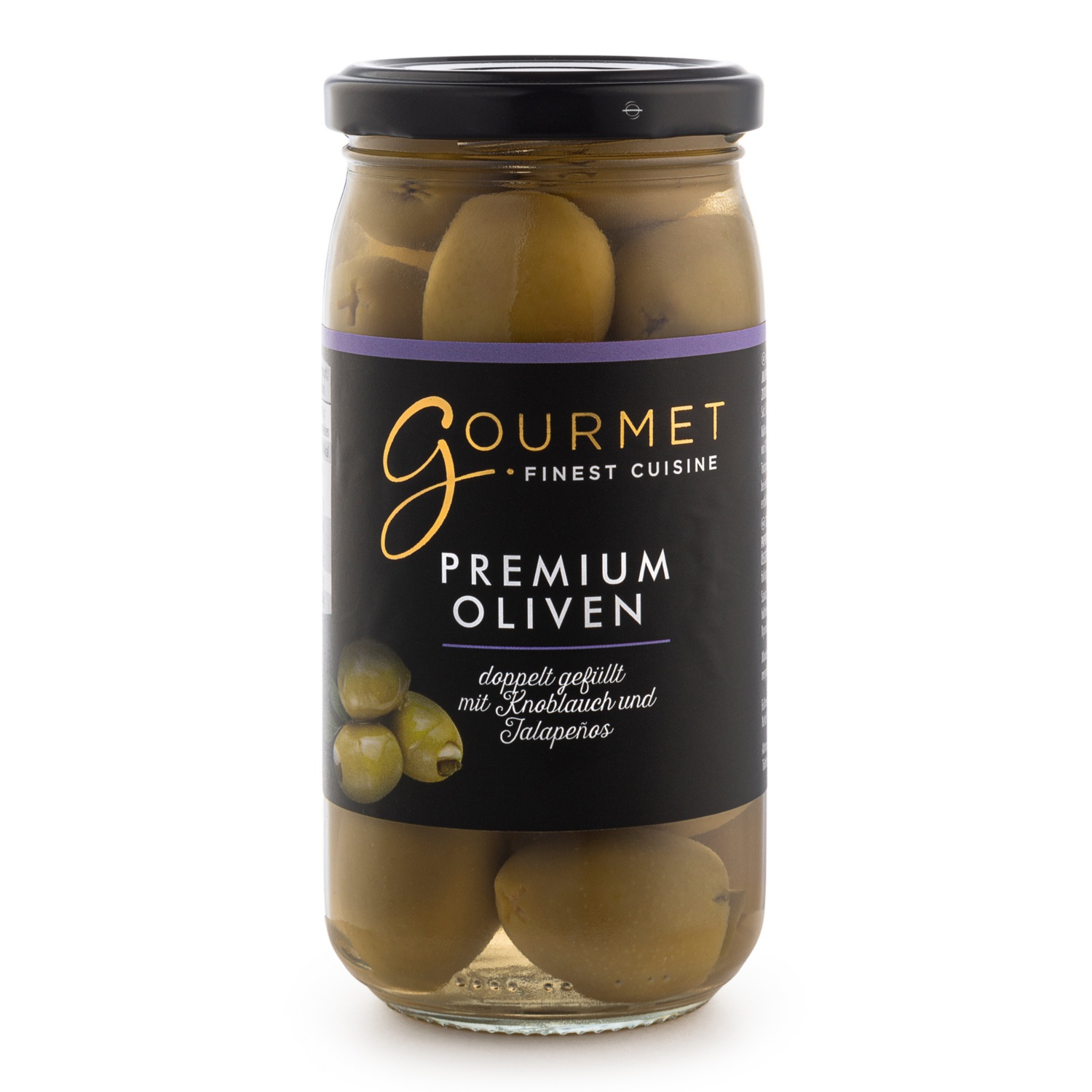 GOURMET Griechische Oliven, doppelt gefüllt, Knoblauch-Jalapeno