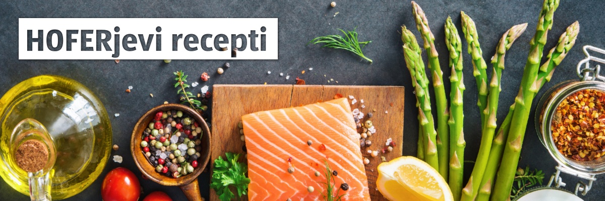 HOFERjev recepti besedilo na podlagi, kjer se nahaja različna hrana