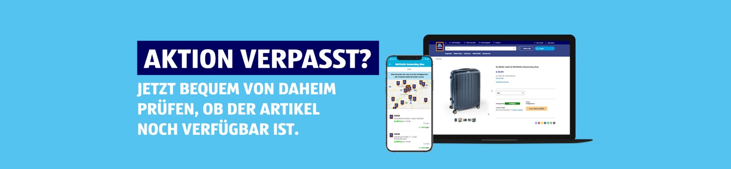 Werbung für Online-Verfügbarkeitsprüfung. Text: 'AKTION VERPASST? JETZT BEQUEM DAHEIM PRÜFEN.'