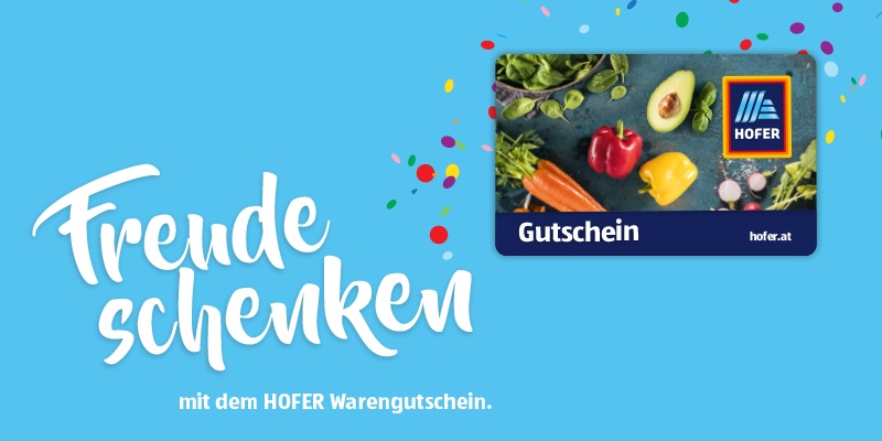 HOFER-Geschenkkarte mit Gemüsemotiv, blauem Hintergrund und Text „Freude schenken“.