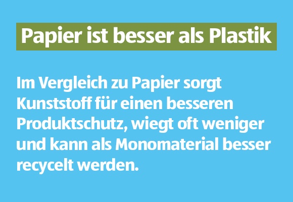 Papier ist besser als Plastik. Im Vergleich zu Papier sorgt Kunststoff für einen besseren Produktschutz, wiegt oft weniger und kann als Monomaterial besser recycelt werden.