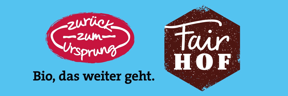 Zurück zum Ursprung und FairHOF Logo auf blauem Hintergrund.