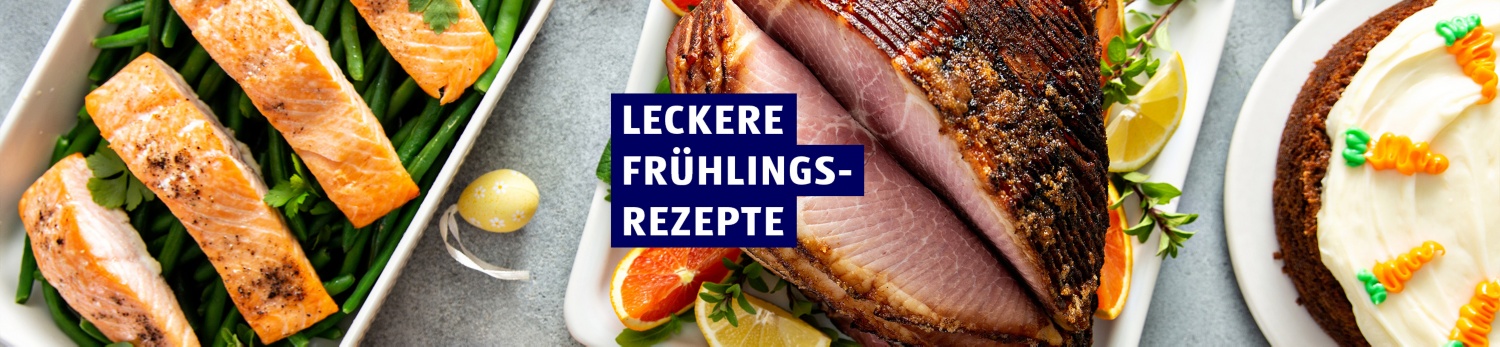 Leckere Frühlings-Rezepte: Karottenkuchen, gebratenes Schinkenstück mit Zitrusdeko und Lachsgericht.
