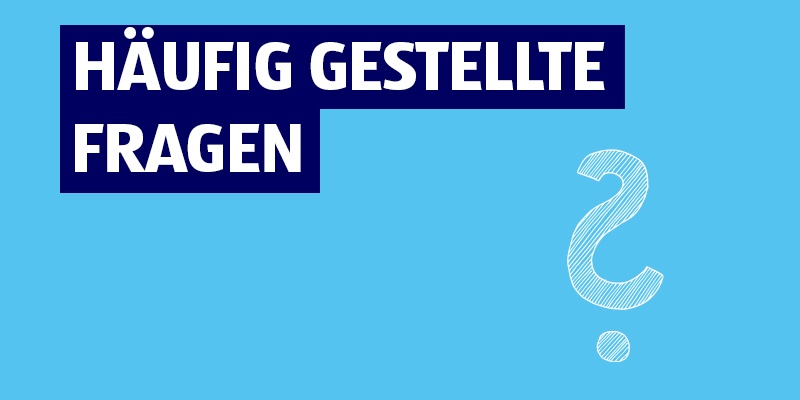 Blaues Hintergrundbild mit dunkelblauer Box, weißem Text „HÄUFIG GESTELLTE FRAGEN“ und weißem Fragezeichen.