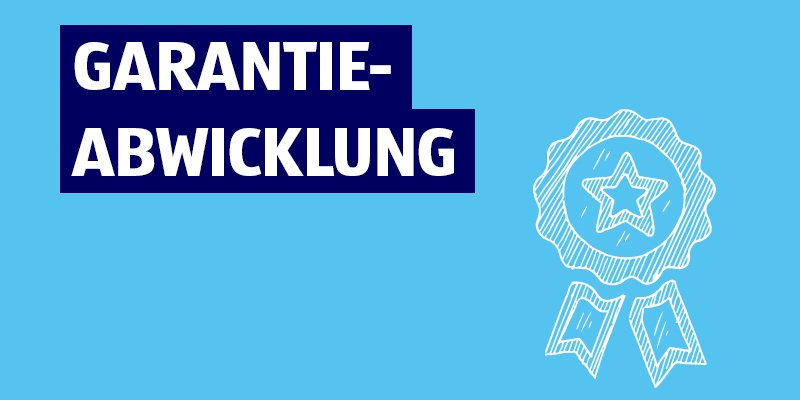 Blaues Hintergrundbild mit weißer Medaillen-Skizze und Text „GARANTIE-ABWICKLUNG“.