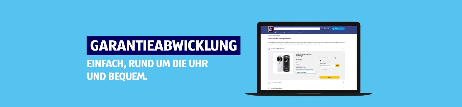 Garantieabwicklung. Einfach, rund um die Uhr und bequem auf hellblauem Hintergrund, ein Laptop ist ersichtlich.