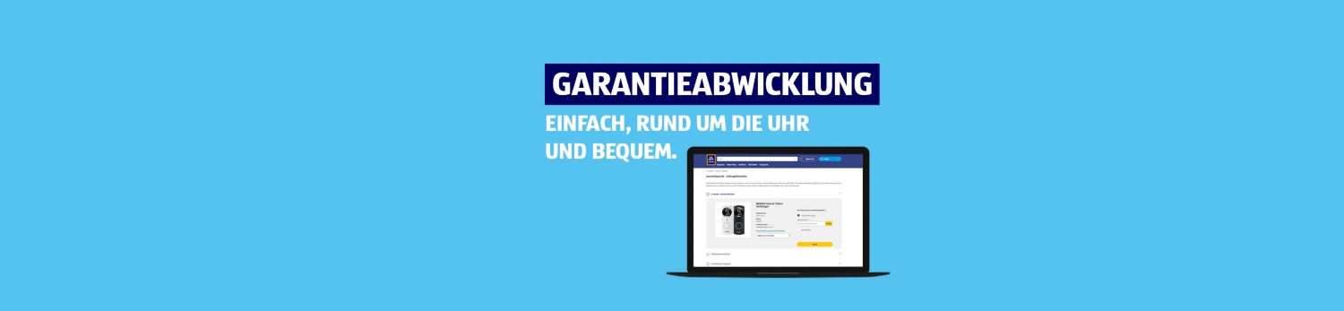 Garantieabwicklung. Einfach, rund um die Uhr und bequem auf hellblauem Hintergrund, ein Laptop ist ersichtlich.