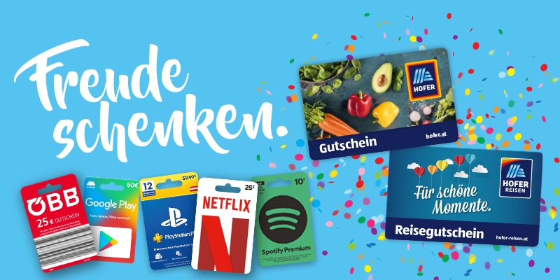 Verschiedene Geschenkkarten auf blauem Hintergrund mit buntem Konfetti, darunter ÖBB, Google Play, PlayStation Store, Netflix, Spotify und Hofer-Gutscheine.