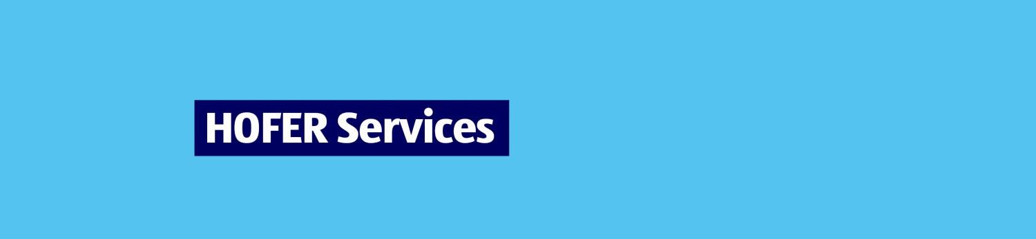 Blaues Hintergrundbild mit dunkelblauer Box und weißem Text „HOFER Services“.