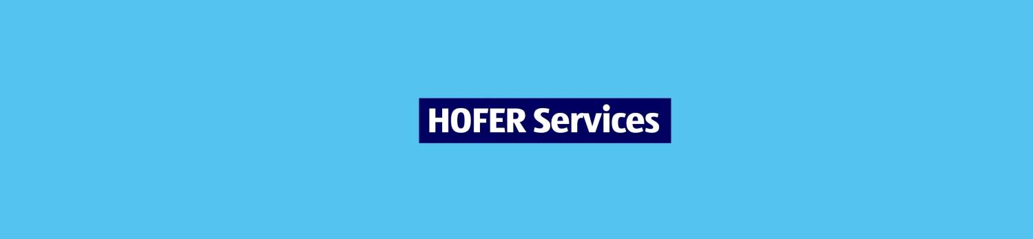 Blaues Hintergrundbild mit dunkelblauer Box und weißem Text „HOFER Services“.