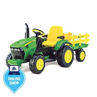 JOHN DEERE E-Traktor mit Anhänger
