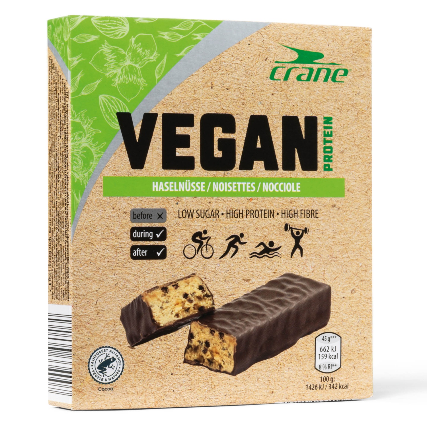 CRANE Vegán fehérjeszelet, 3 x 45 g, csokoládé-mogyoró