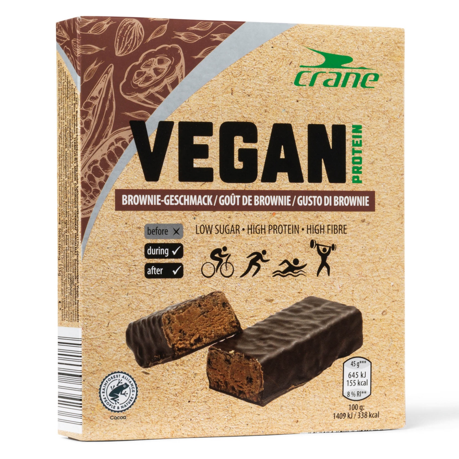 CRANE Vegán fehérjeszelet, 3 x 45 g, brownie
