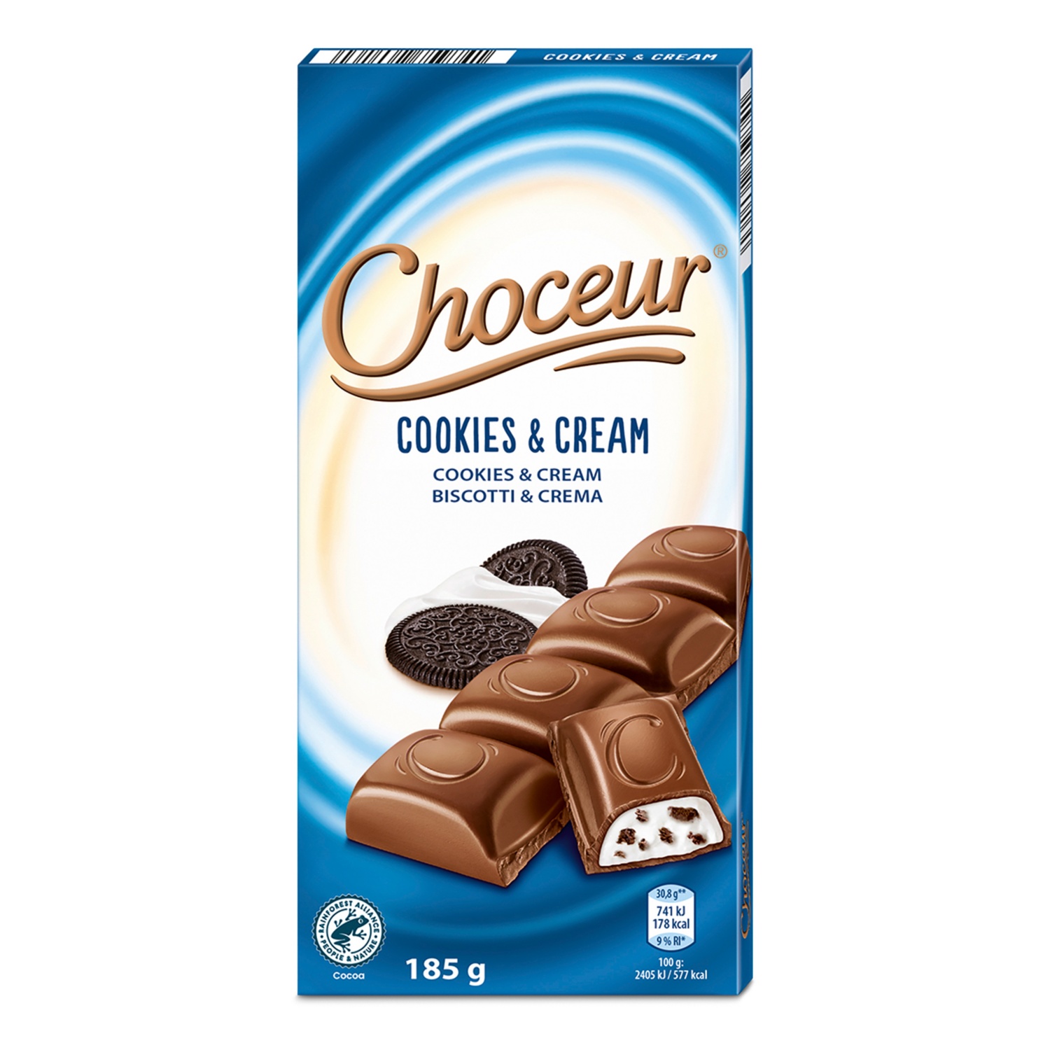 CHOCEUR Táblás csokoládé, 185 g, kekszes-tejszínes