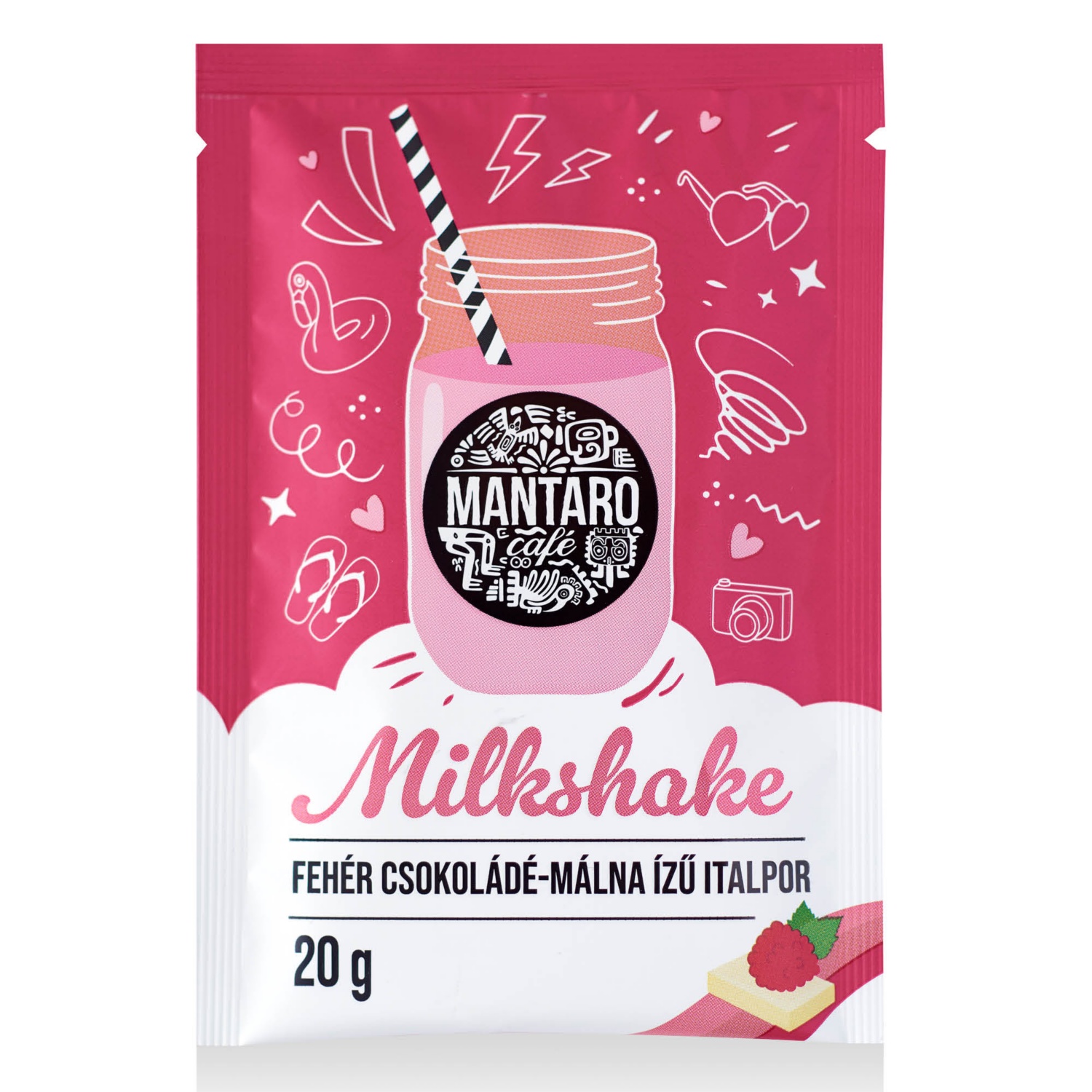 MANTARO CAFÉ Milkshake, 20 g, fehér csokoládé-málna ízű italpor