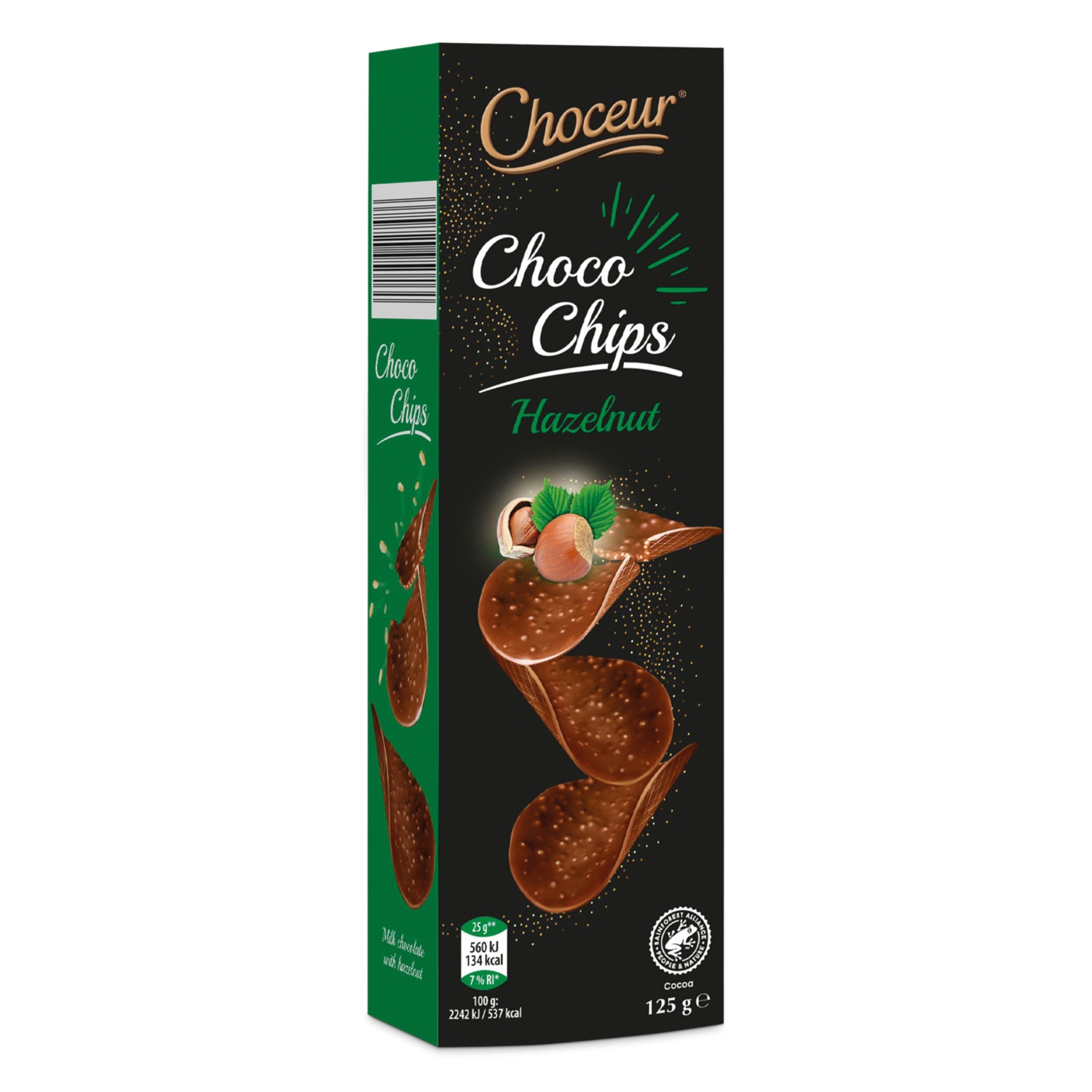 CHOCEUR Ropogós csokoládéchips, 125 g, mogyorós