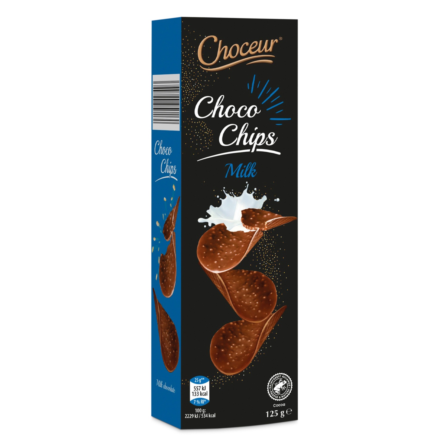 CHOCEUR Ropogós csokoládéchips, 125 g, tejcsokoládés