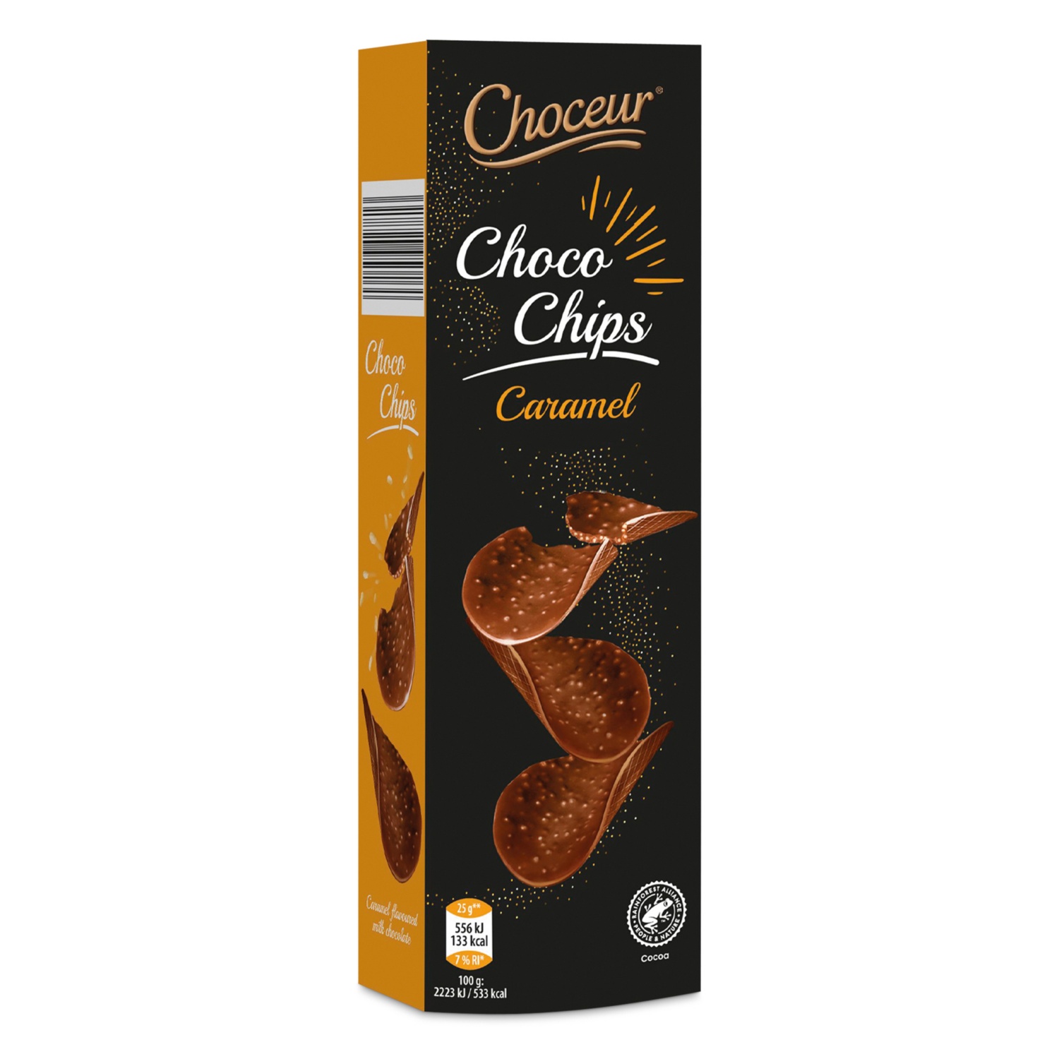 CHOCEUR Ropogós csokoládéchips, 125 g, karamellás