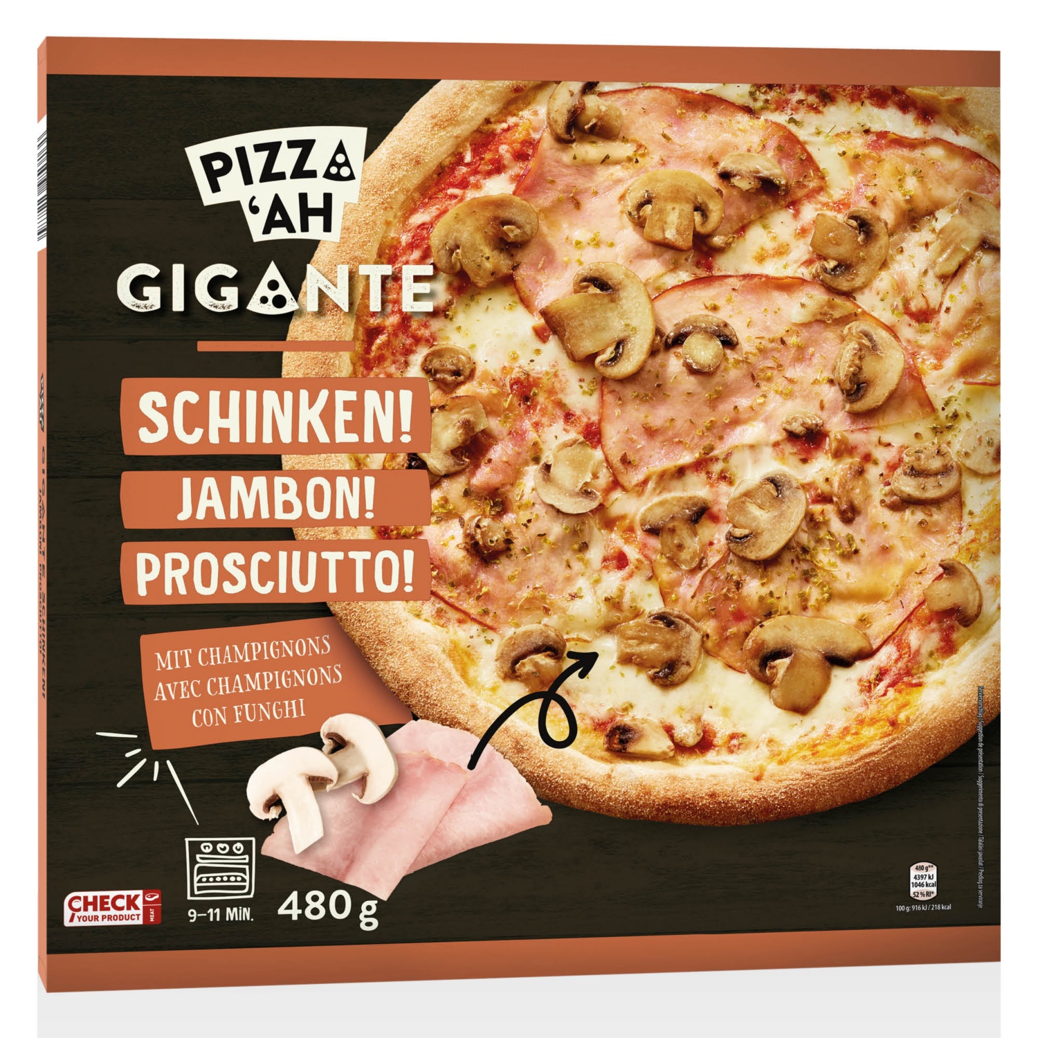 PIZZ‘AH Gigante óriás pizza, 480 g, sonka