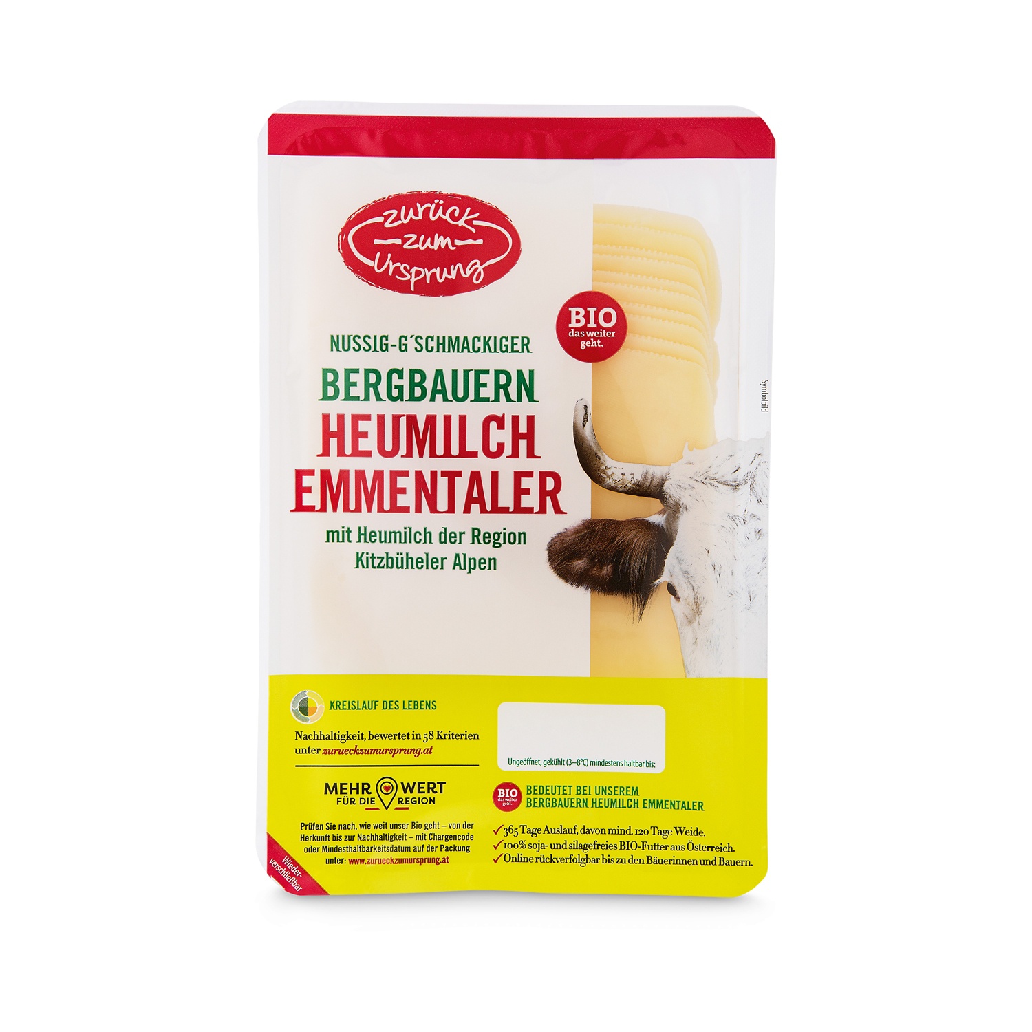 ZURÜCK ZUM URSPRUNG BIO-Bergbauern Heumilch Käsescheiben, Emmentaler
