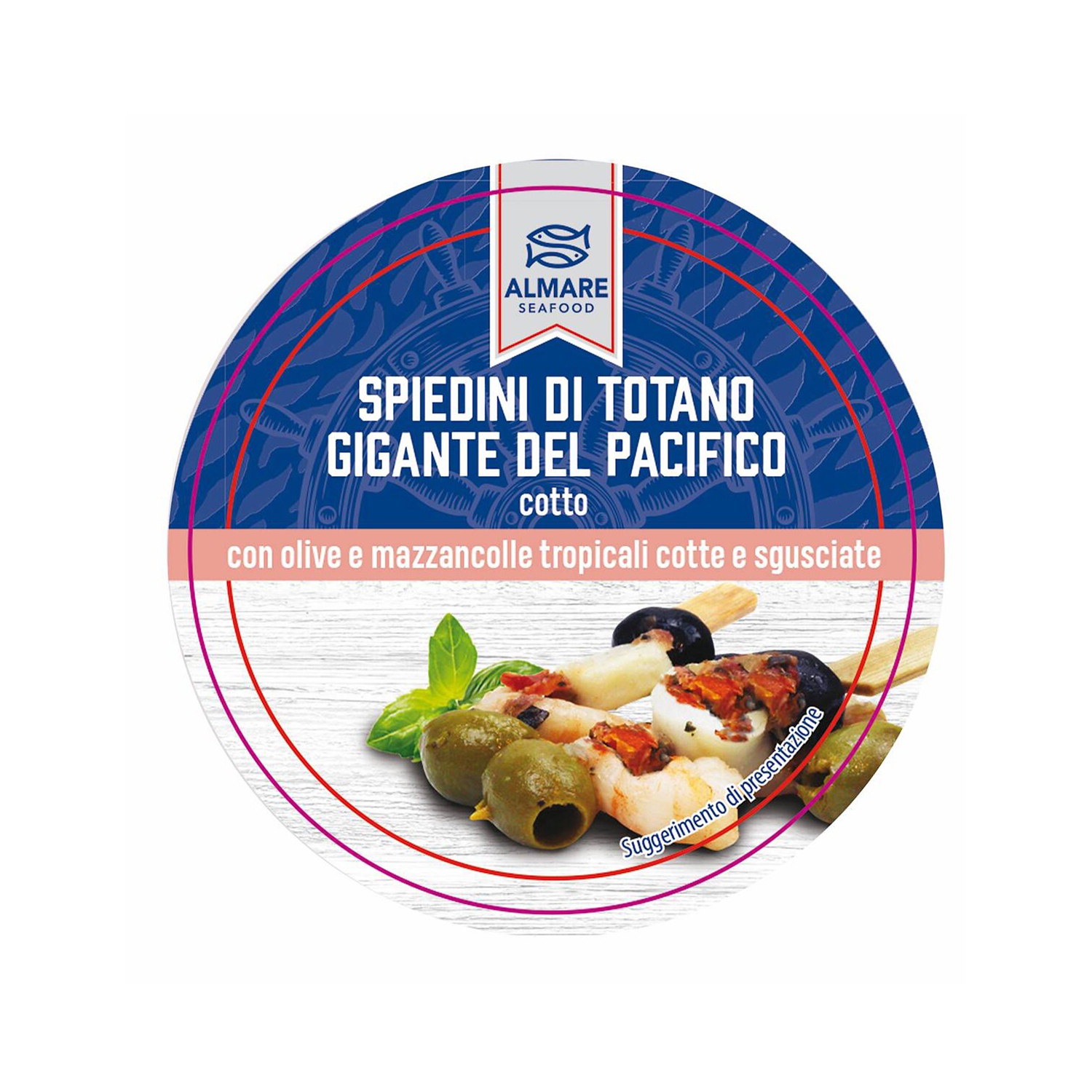ALMARE SEAFOOD Spiedini di totano con olive e mazzancolle tropicali
