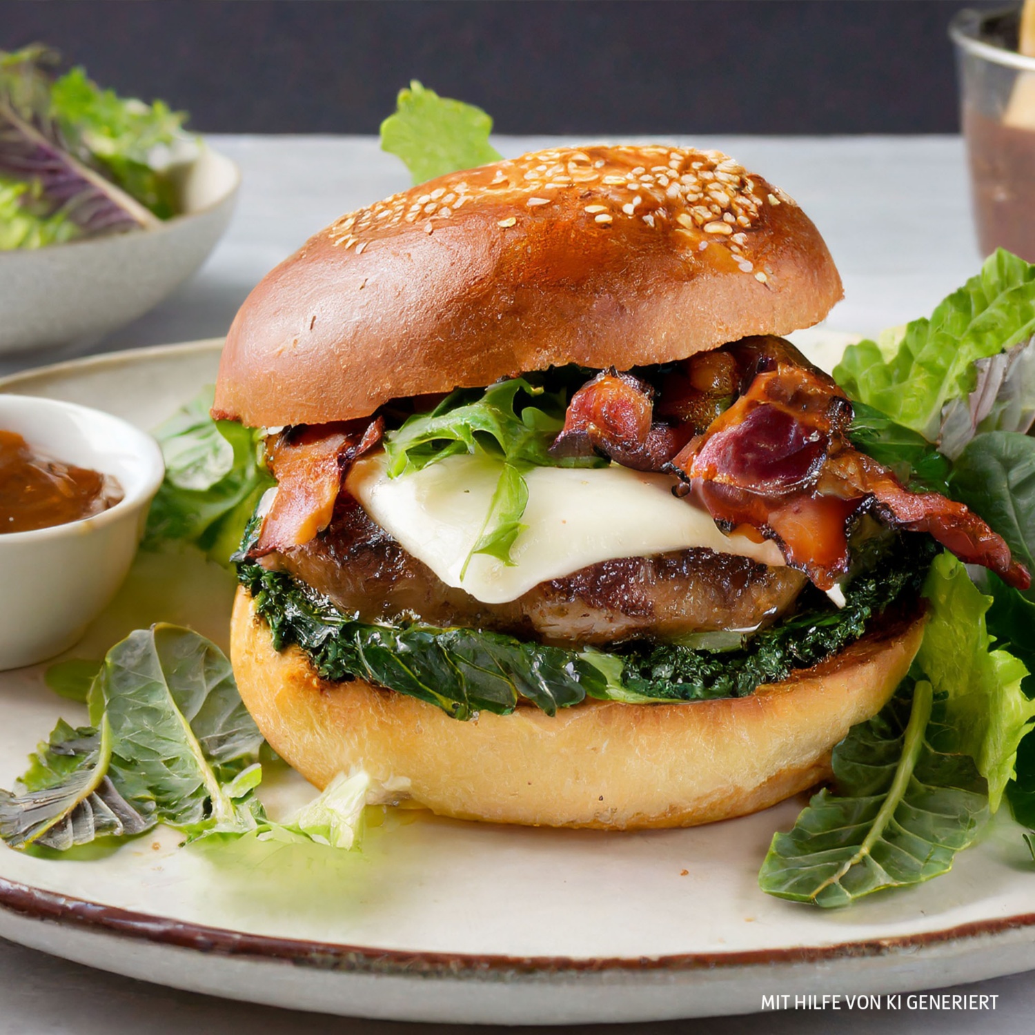 Grünkohl-Burger mit karamellisierten Zwiebeln und Bacon