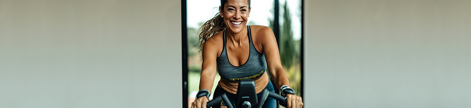 Sportliche Frau sitzt auf einem Heimtrainer, trainiert und lächelt.