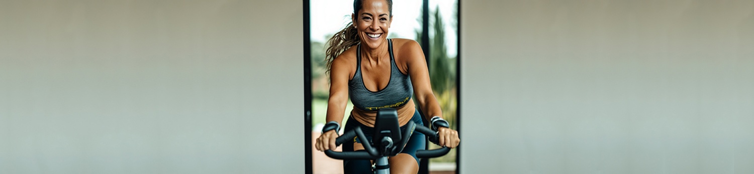 Sportliche Frau sitzt auf einem Heimtrainer, trainiert und lächelt.