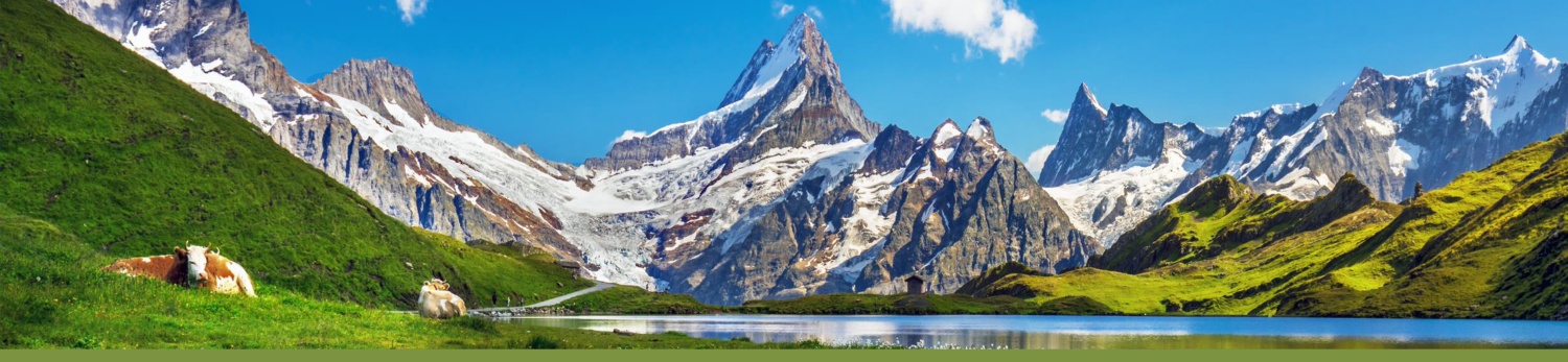 Berglandschaft mit grünen Weiden und blauem See.