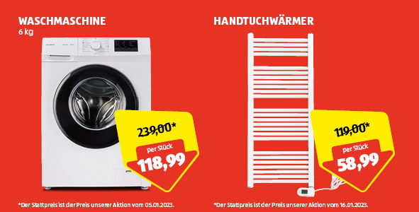 Banner zeigt zwei angebotene Produkte. Waschmaschine um 118,99 und Handtuchwrmer um 58,99.