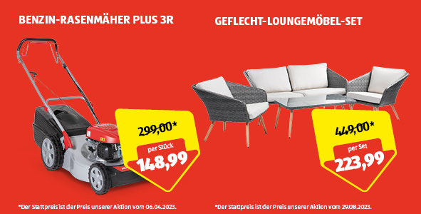 Banner zeigt zwei angebotene Produkte. Rasenmher um 148,99 und Gartenlounge um 223,99.
