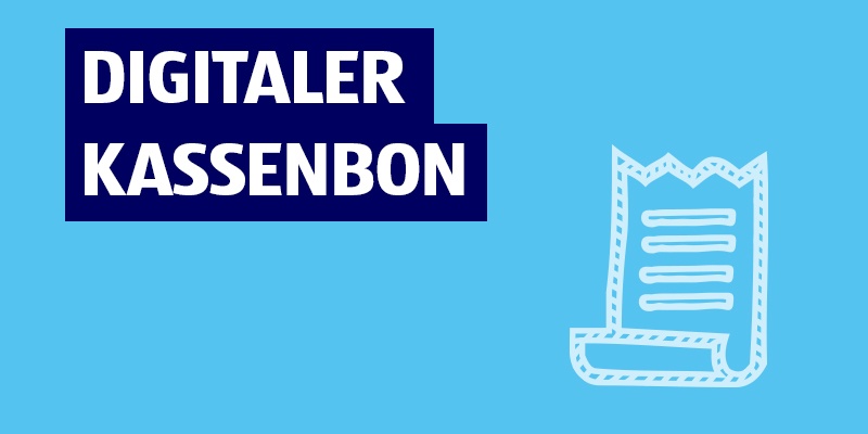 Blaues Hintergrundbild mit dunkelblauer Box, weißem Text „DIGITALER KASSENBON“ und Beleg-Symbol.
