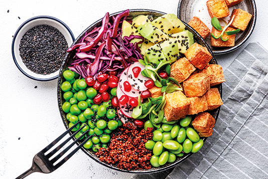 Ein gefüllte Schale mit gesunden Lebensmitteln bestehend aus: Tofu, Avocado, Edamame, Linsen, Erbsen, Rotkraut und Granatapfelkernen