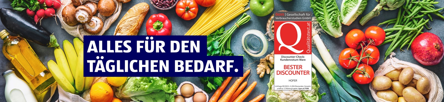 Frische Lebensmittel um ein Produkt mit dem Text „ALLES FÜR DEN TÄGLICHEN BEDARF.“