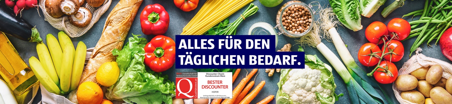 Frische Lebensmittel um ein Produkt mit dem Text „ALLES FÜR DEN TÄGLICHEN BEDARF.“