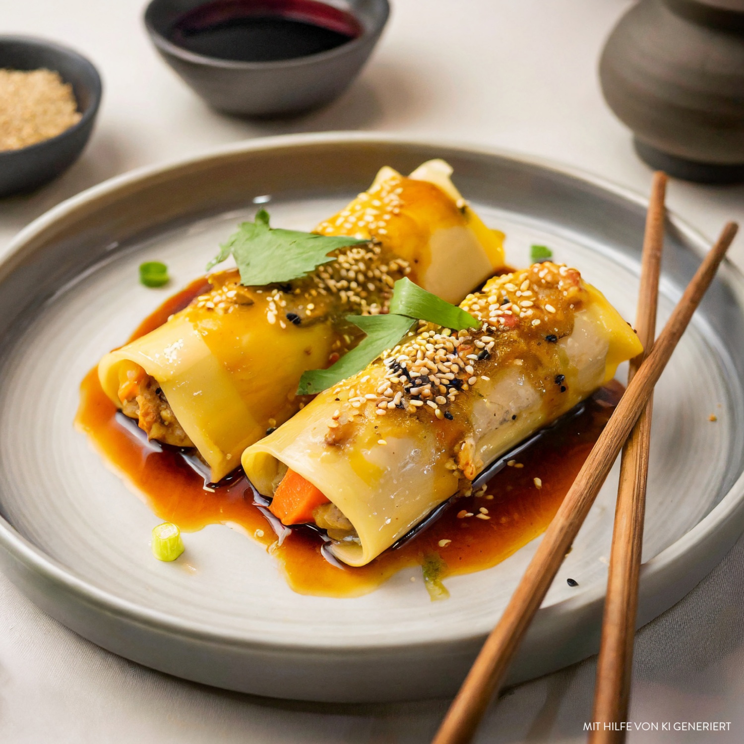 Asiatische Fusion: Teriyaki-Hühnchen-Cannelloni mit Ingwer und Sesam