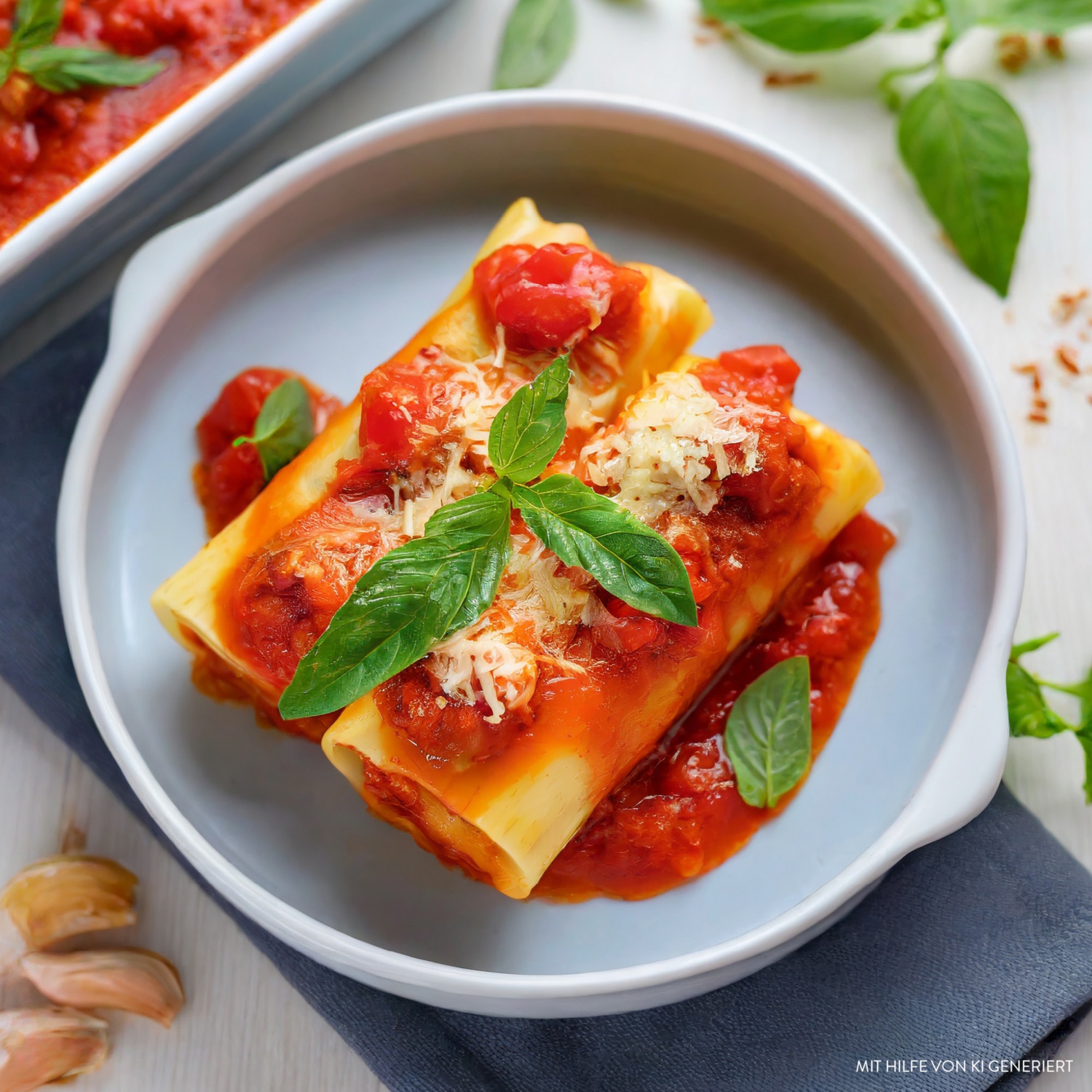 Caprese-inspirierte Cannelloni mit Tomaten, Mozzarella und Basilikum