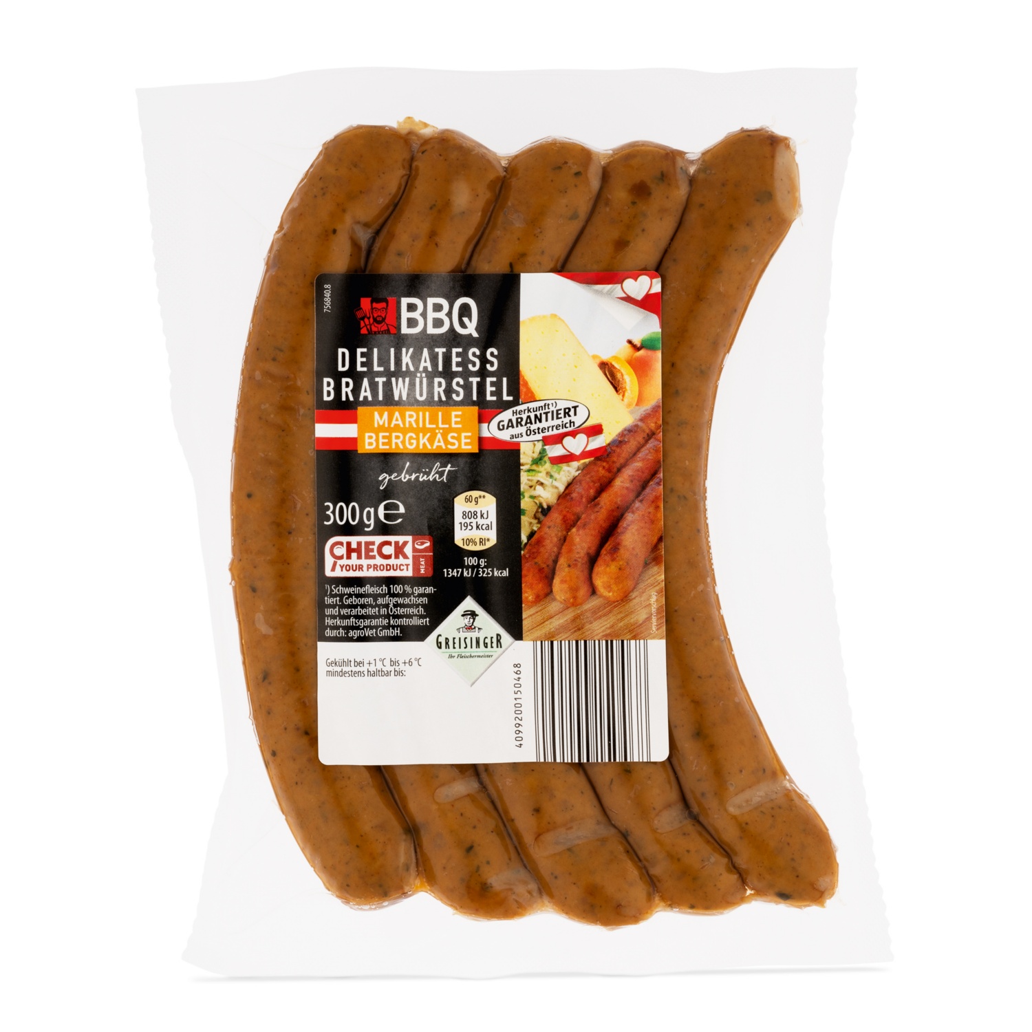BBQ Delikatess-Bratwürstel, Marille-Bergkäse