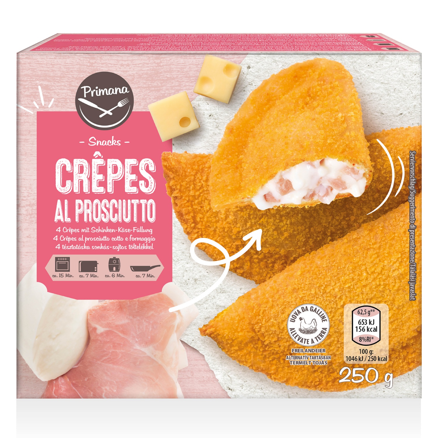 PRIMANA Panírozott töltött batyu, sonkás-sajtos, 250 g