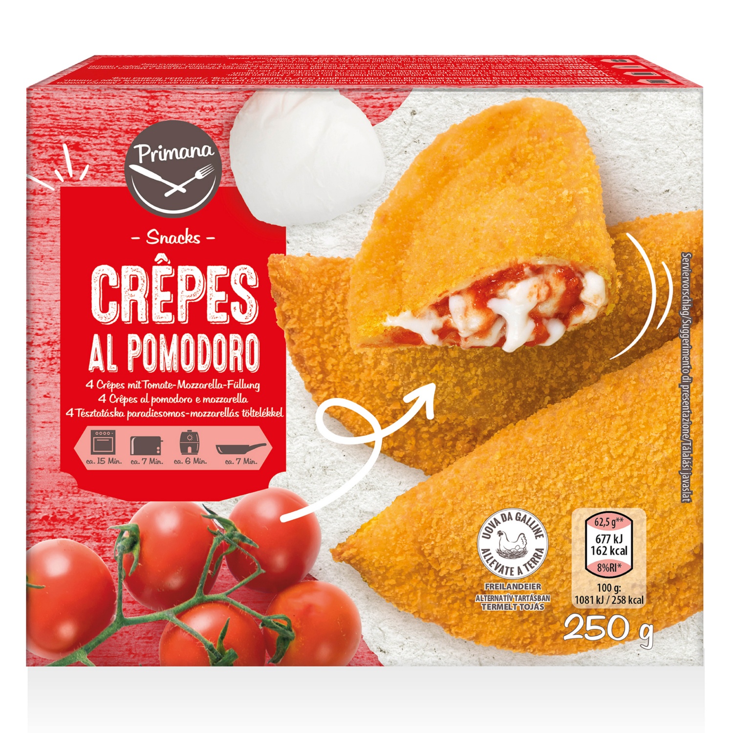 PRIMANA Panírozott töltött batyu, paradicsomos-mozzarellás, 250 g