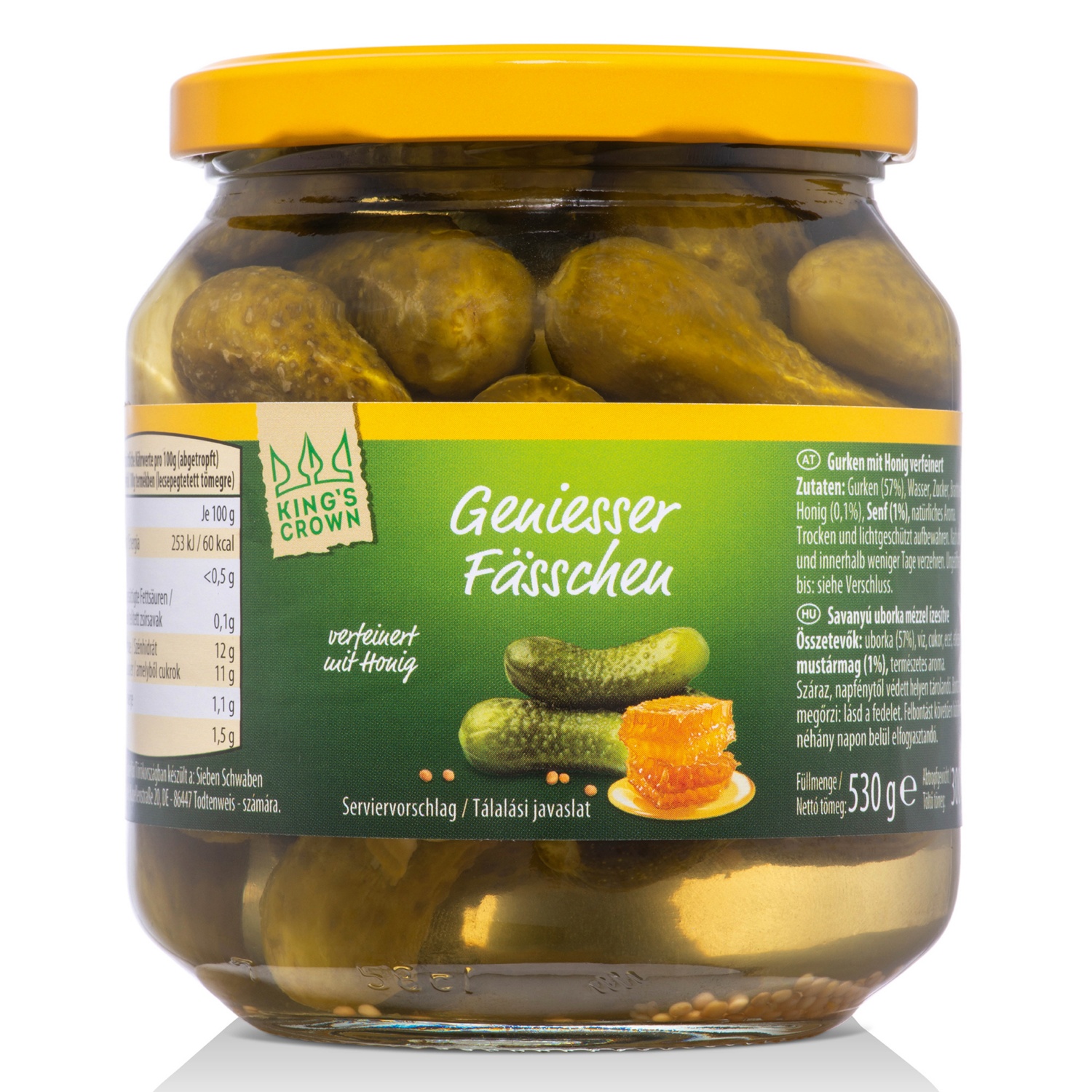 KING'S CROWN Ízesített csemegeuborka, mézes, 530 g