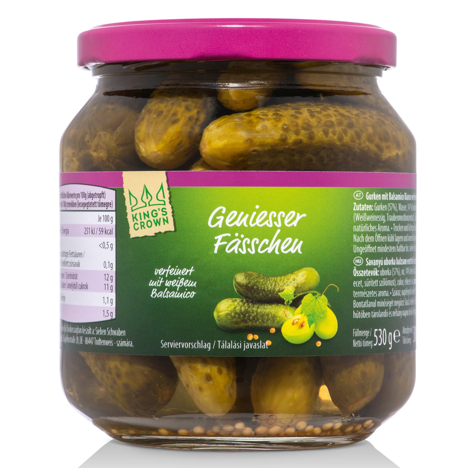 KING'S CROWN Ízesített csemegeuborka,  fehér balzsamecetes, 530 g