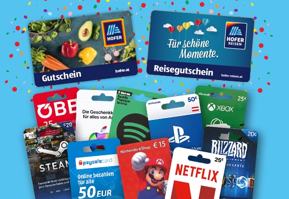 HOFER Gutscheine (HOFER REISEN, HOFER Warengutscheine, NETFLIX, ÖBB, usw.) und die Überschrift "Freude schenken" platziert auf einem blauen Hintergrund.